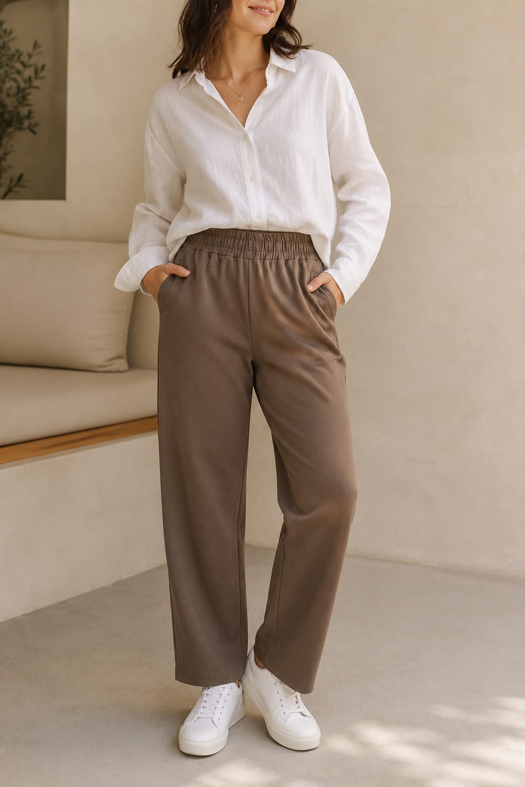 Women's High-Waist Straight Fit Elastic Waist Trousers