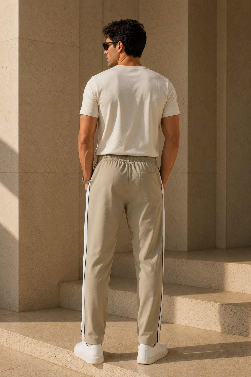 Men's Premium Beige Contrast Side Stripe Track Pants