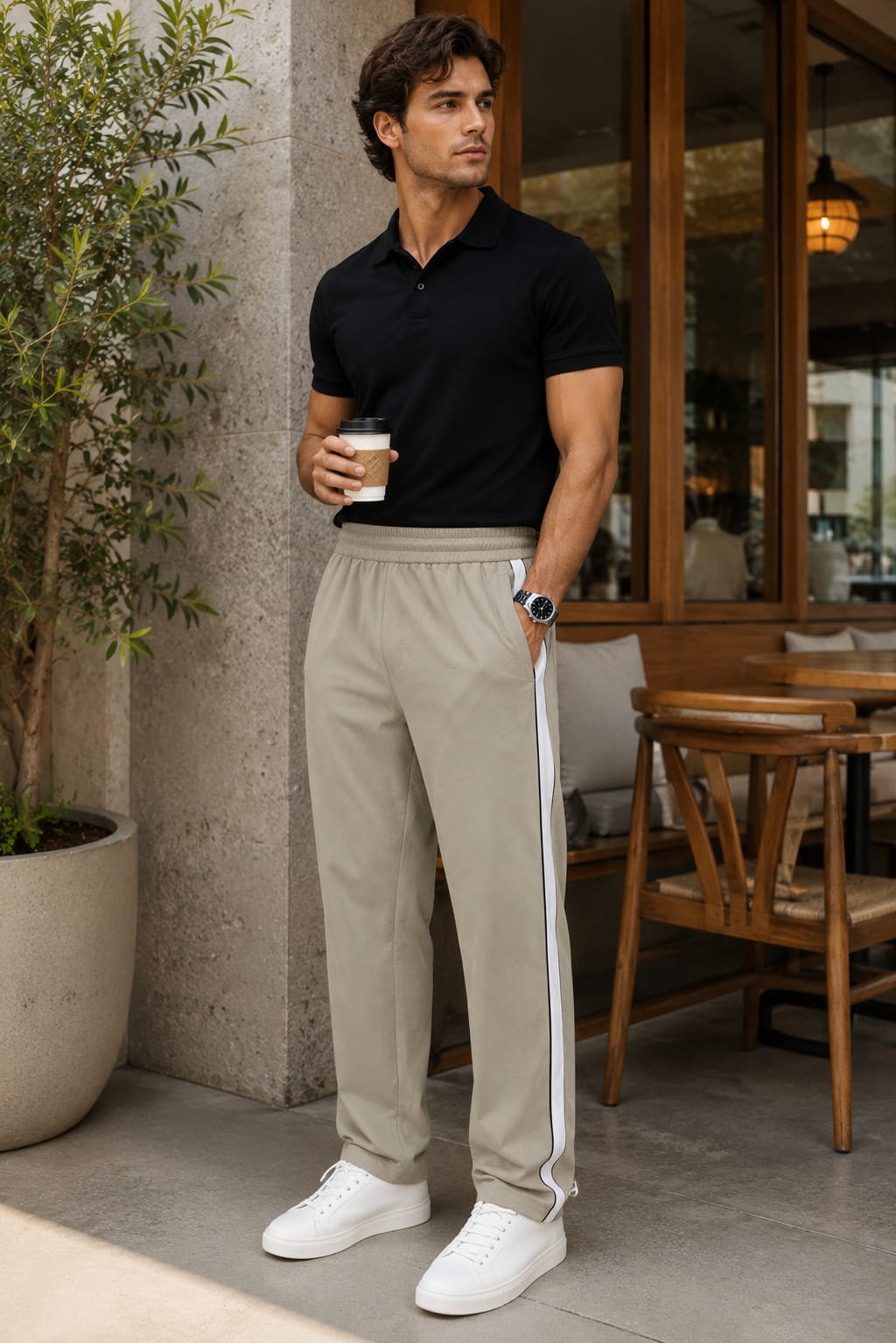 Men's Premium Beige Contrast Side Stripe Track Pants