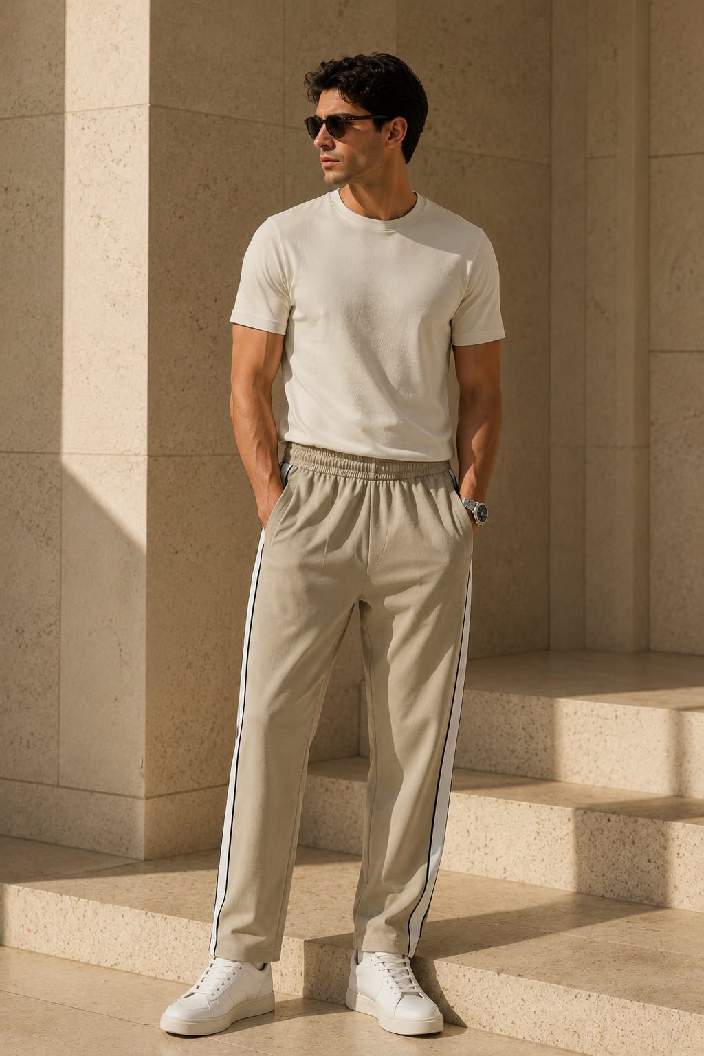 Men's Premium Beige Contrast Side Stripe Track Pants