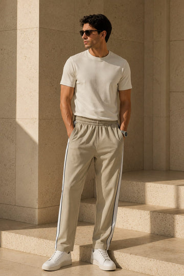 Men's Premium Beige Contrast Side Stripe Track Pants