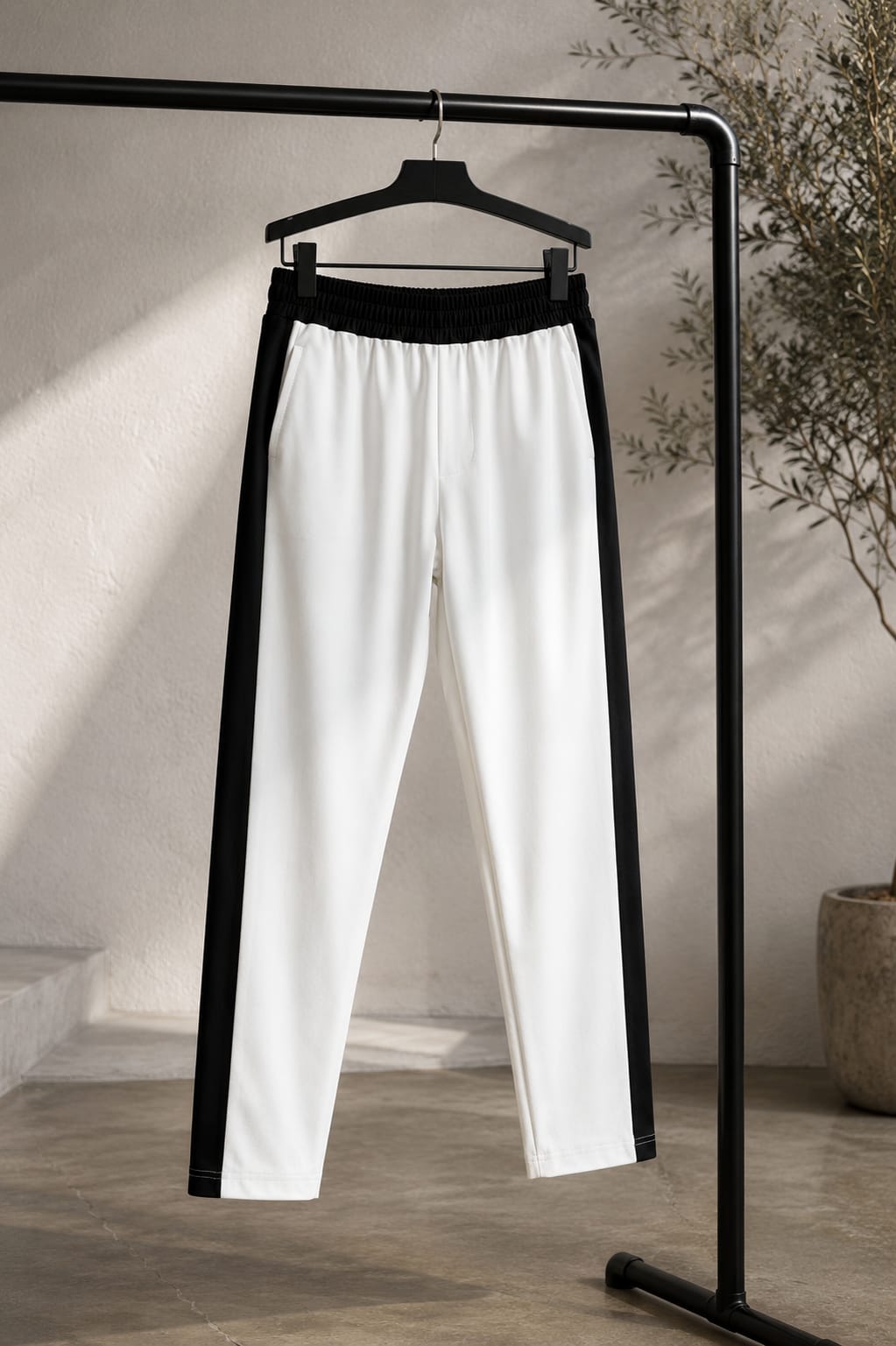 Men's White Track Pants with Black Contrast Side Panels
