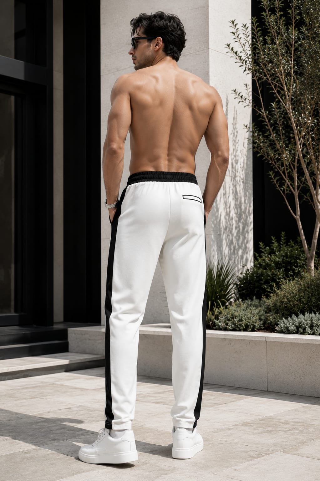 Men's White Track Pants with Black Contrast Side Panels