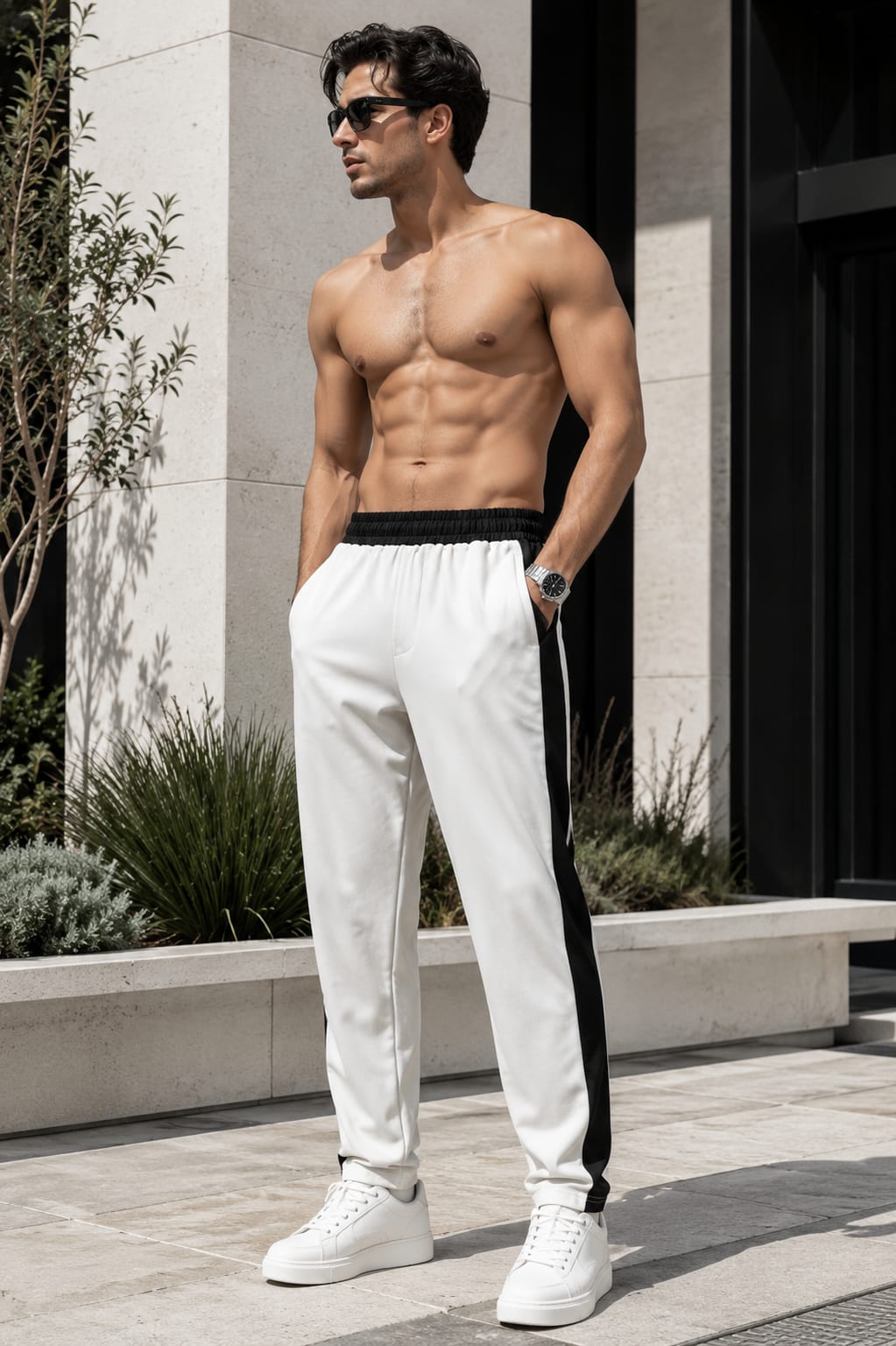 Men's White Track Pants with Black Contrast Side Panels