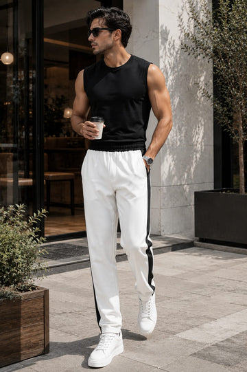 Men's White Track Pants with Black Contrast Side Panels