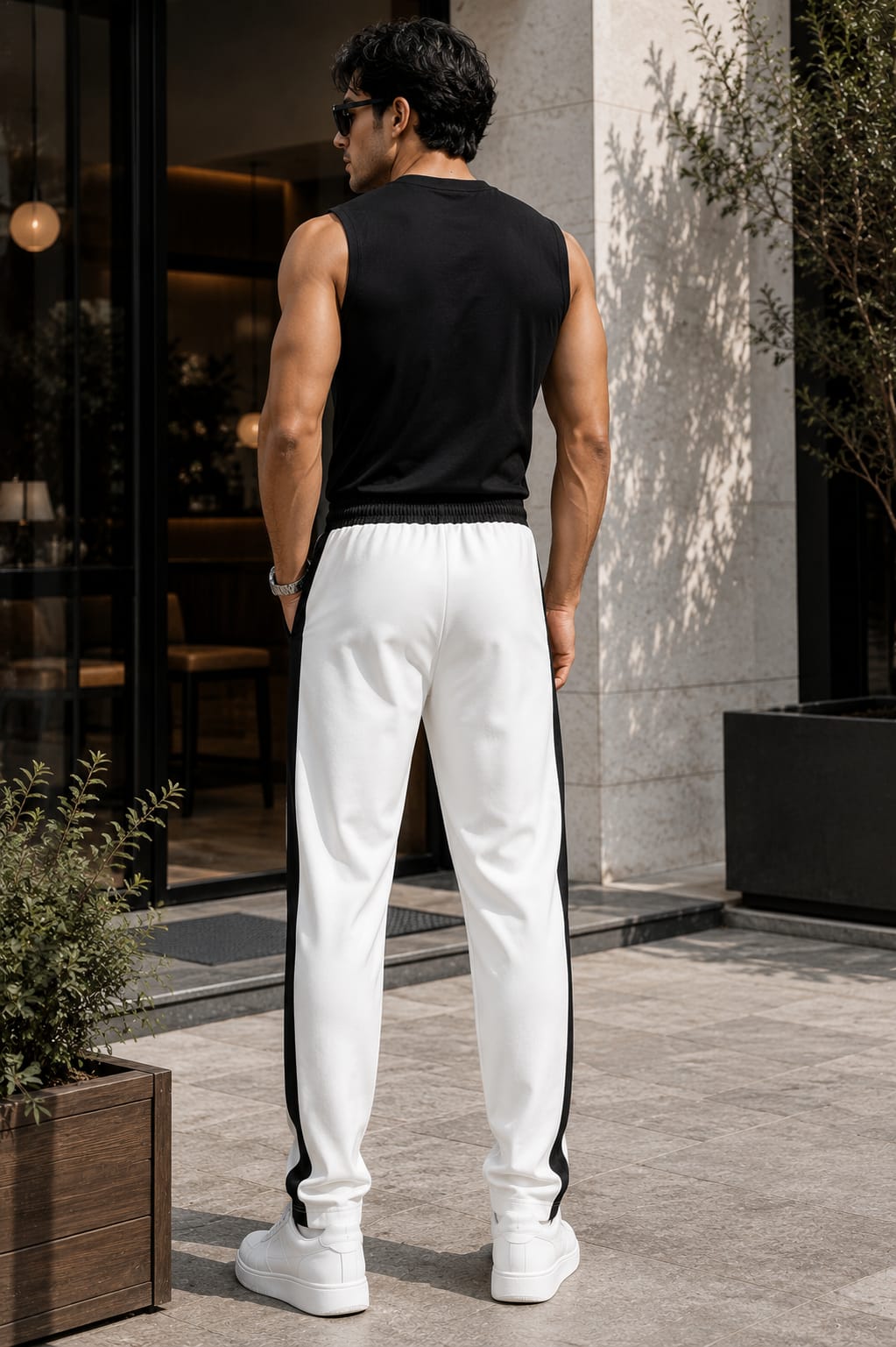 Men's White Track Pants with Black Contrast Side Panels