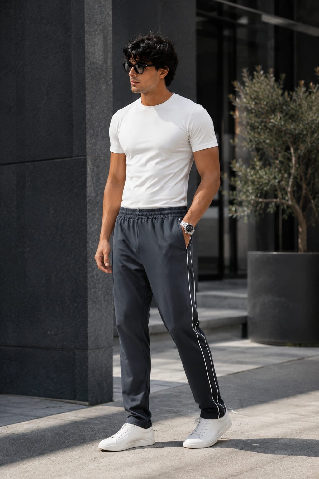 Men's Charcoal Grey Track Pants with White Contrast Piping