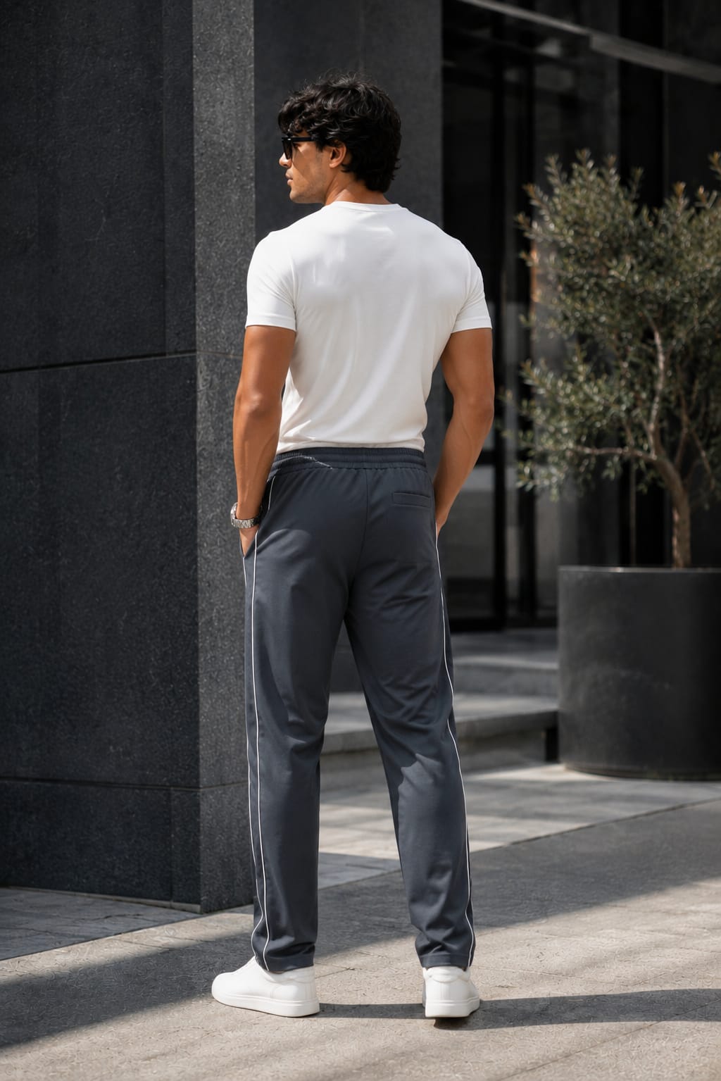 Men's Charcoal Grey Track Pants with White Contrast Piping