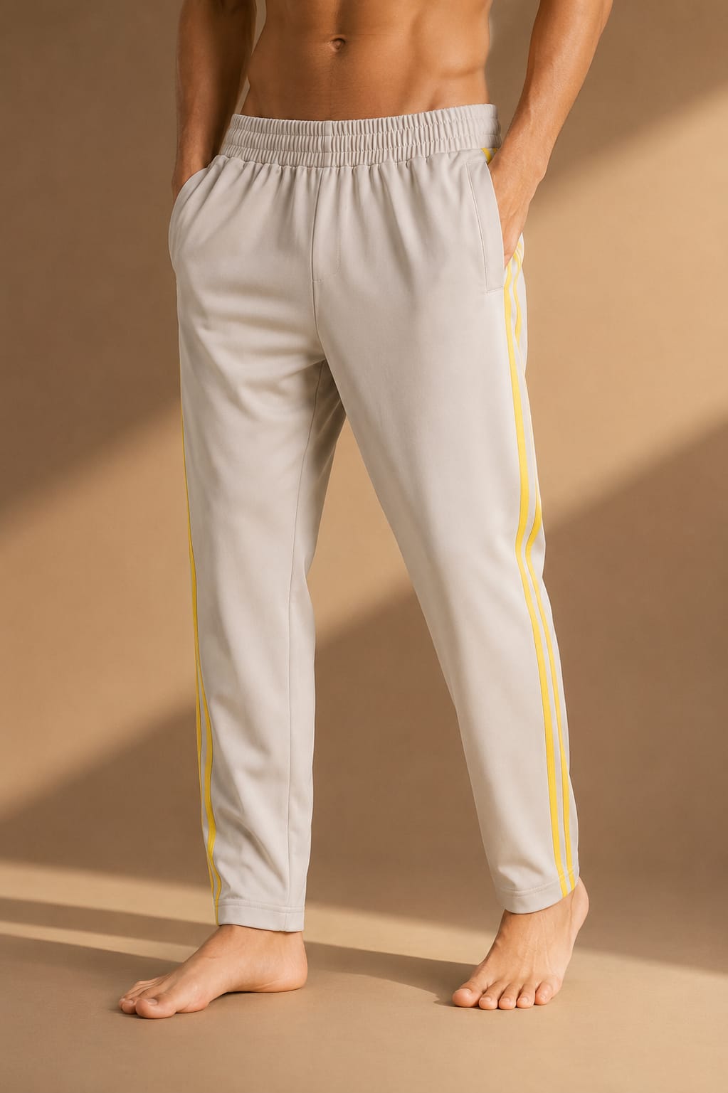 Men's Off-White Track Pants with Yellow Triple Side Stripes