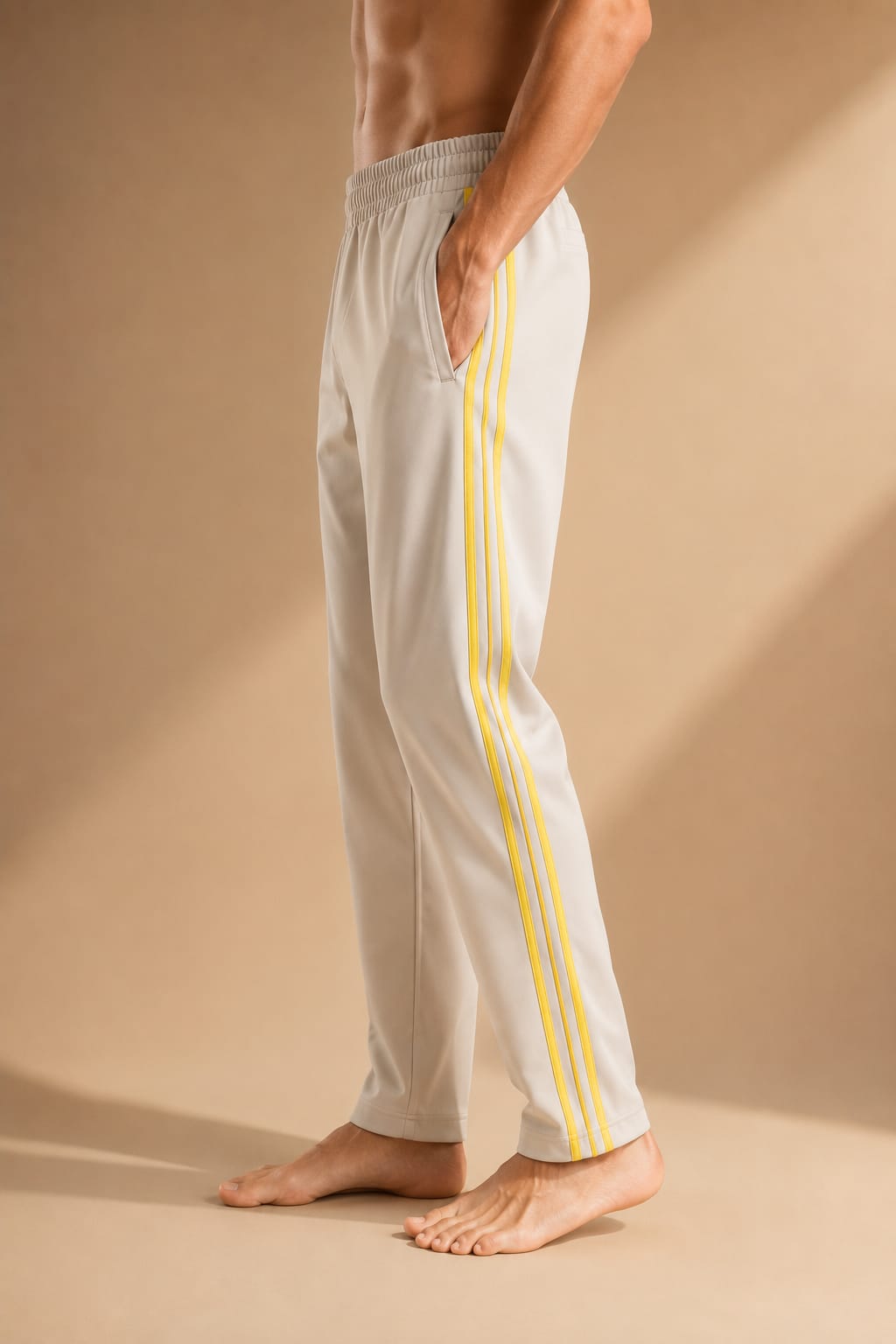 Men's Off-White Track Pants with Yellow Triple Side Stripes