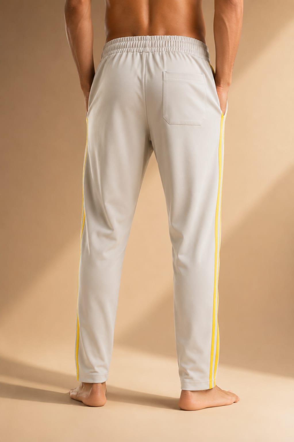 Men's Off-White Track Pants with Yellow Triple Side Stripes