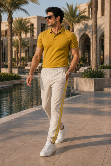 Men's Off-White Track Pants with Yellow Triple Side Stripes