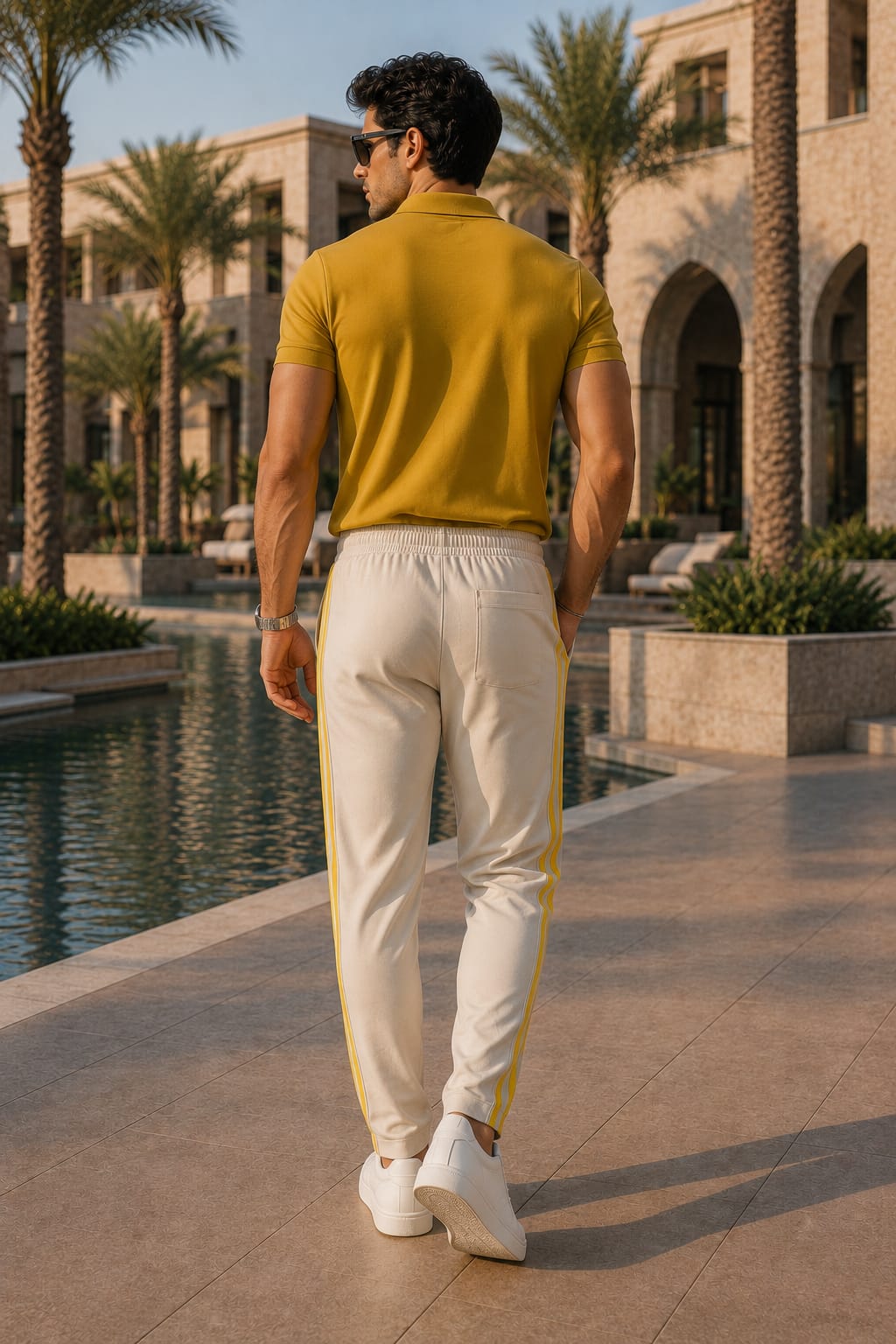 Men's Off-White Track Pants with Yellow Triple Side Stripes