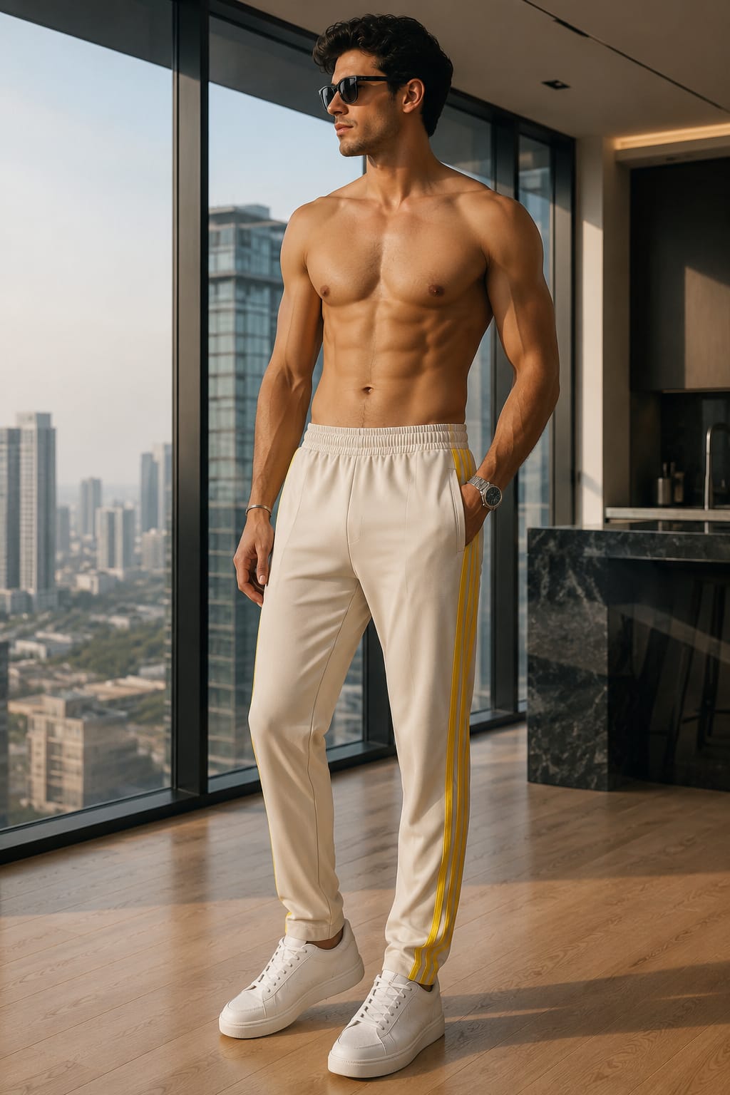 Men's Off-White Track Pants with Yellow Triple Side Stripes