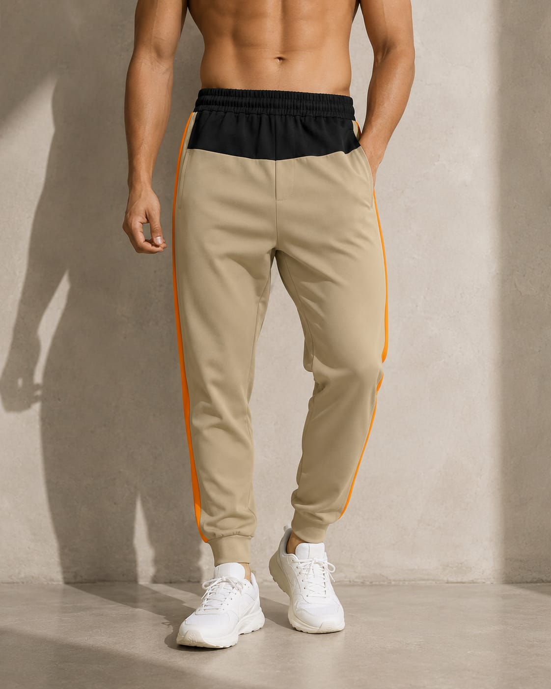 Men's Beige Colorblock Jogger Track Pants with Orange Side Panels