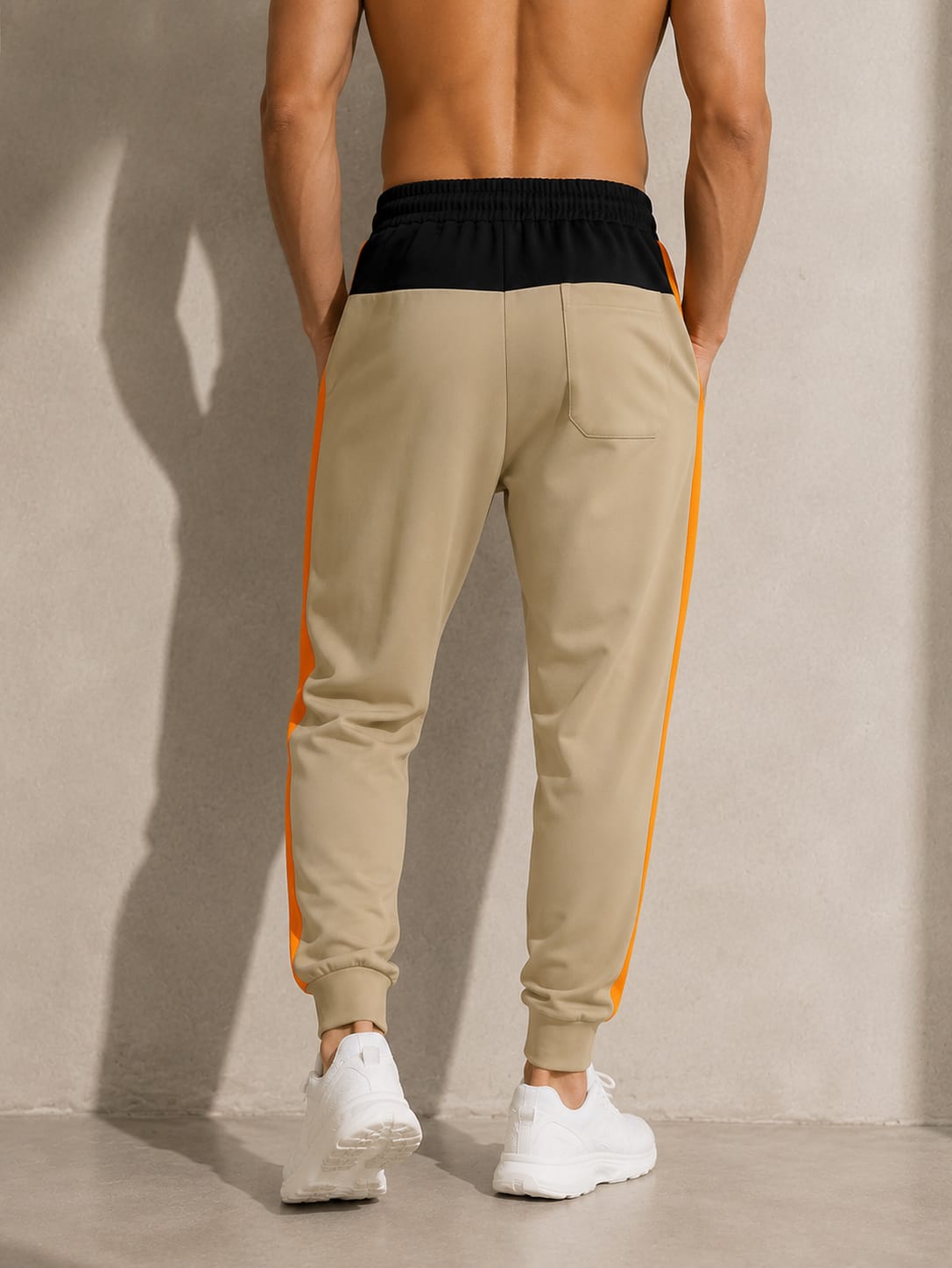 Men's Beige Colorblock Jogger Track Pants with Orange Side Panels