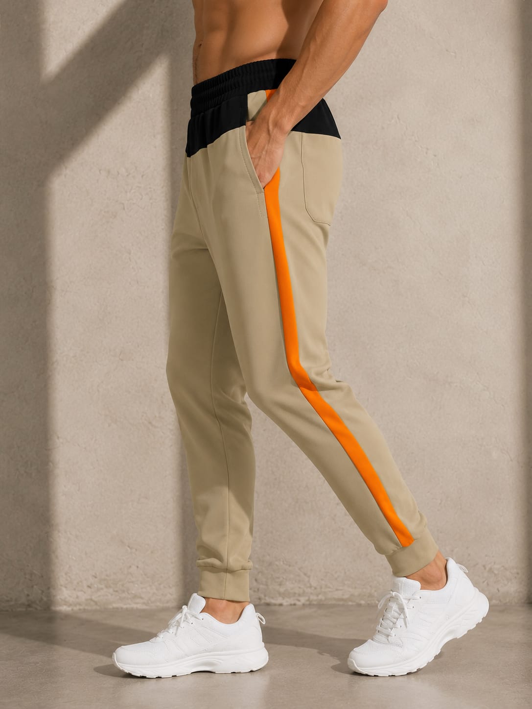 Men's Beige Colorblock Jogger Track Pants with Orange Side Panels