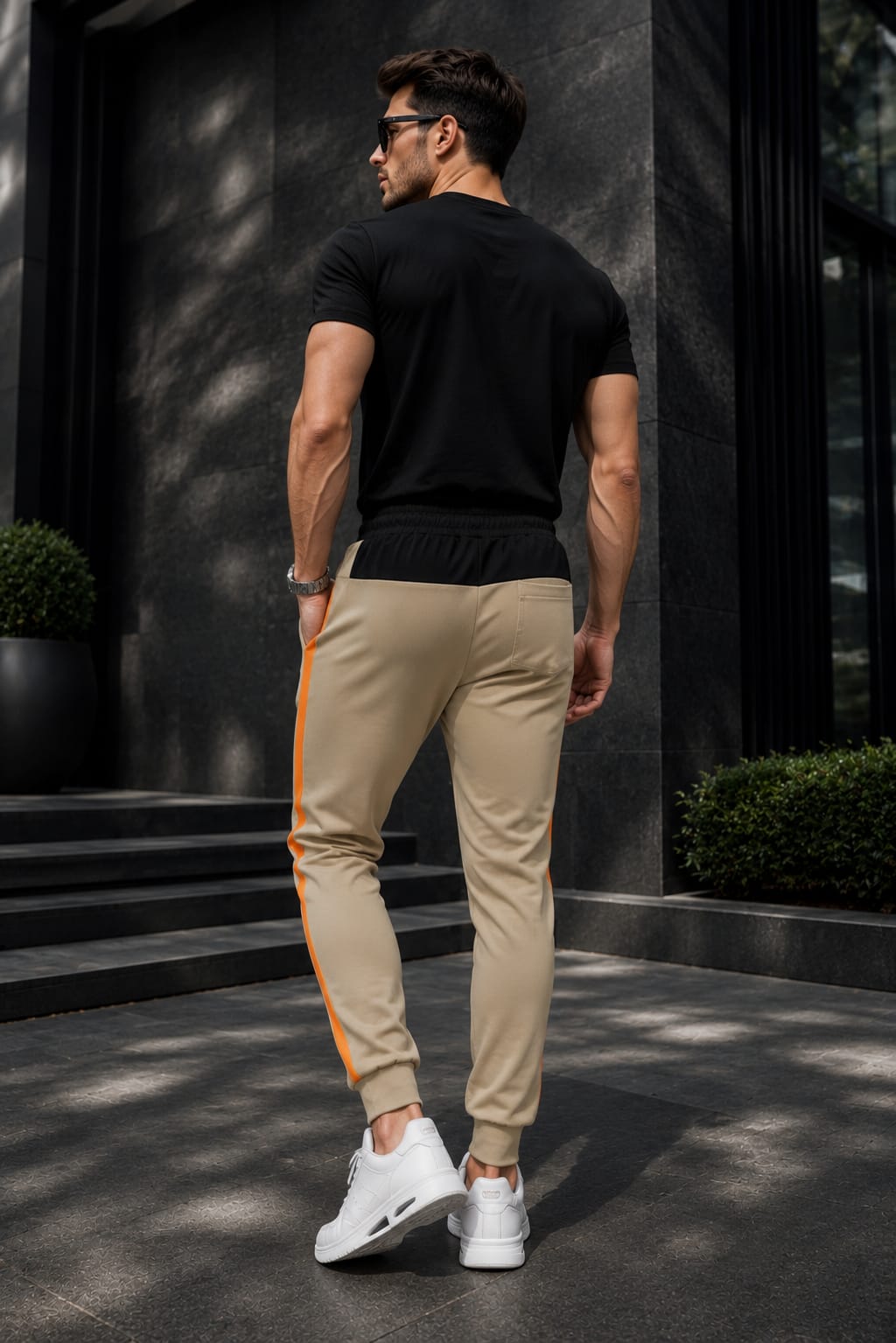 Men's Beige Colorblock Jogger Track Pants with Orange Side Panels