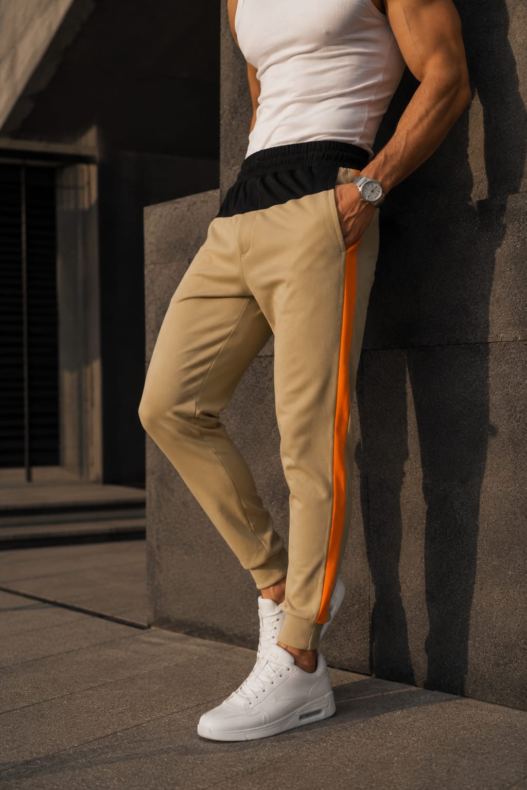 Men's Beige Colorblock Jogger Track Pants with Orange Side Panels