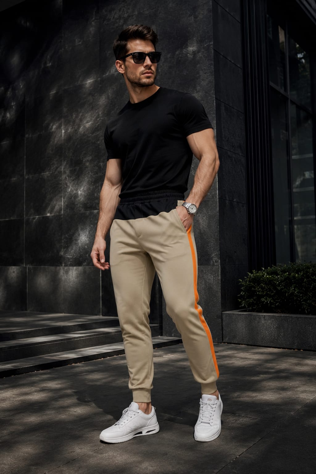 Men's Beige Colorblock Jogger Track Pants with Orange Side Panels