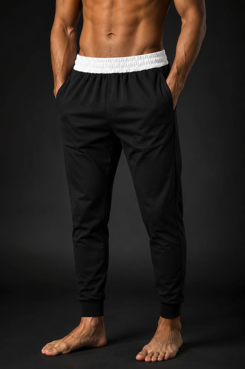 Men's Black Jogger Track Pants with White Waistband