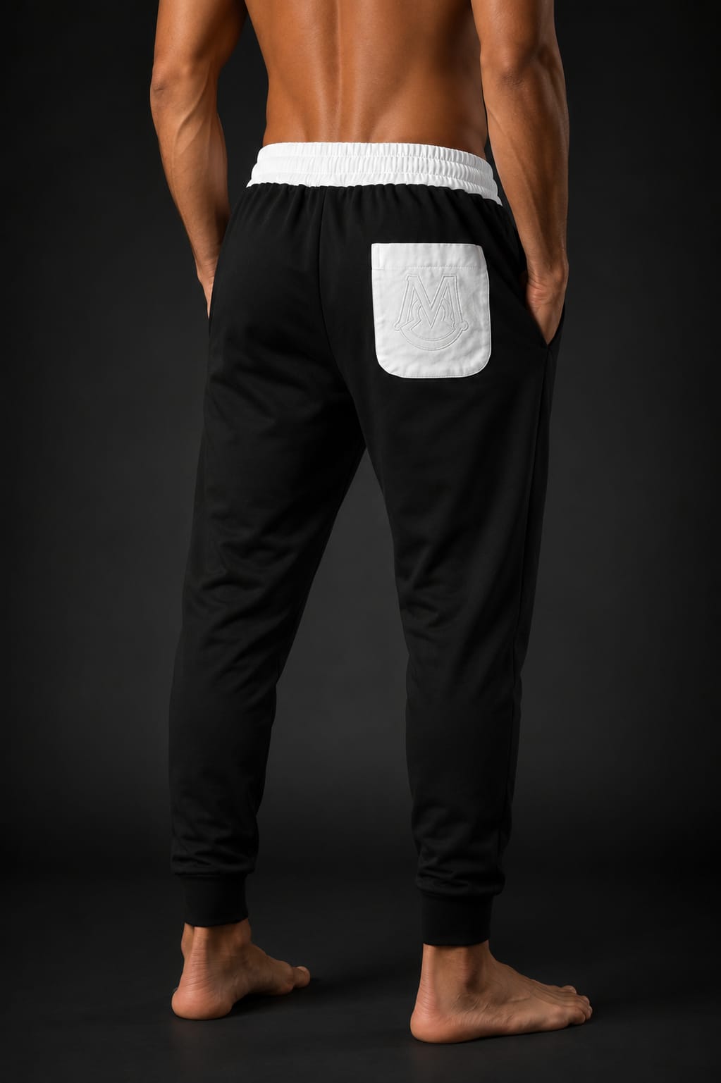 Men's Black Jogger Track Pants with White Waistband