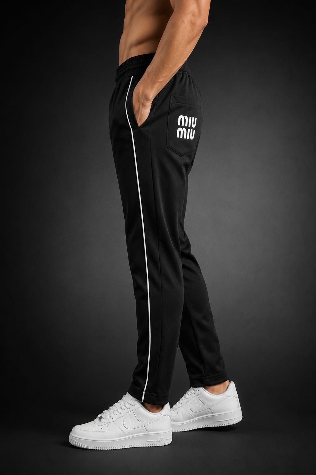 Men's Black Slim Fit Track Pants with White Side Piping