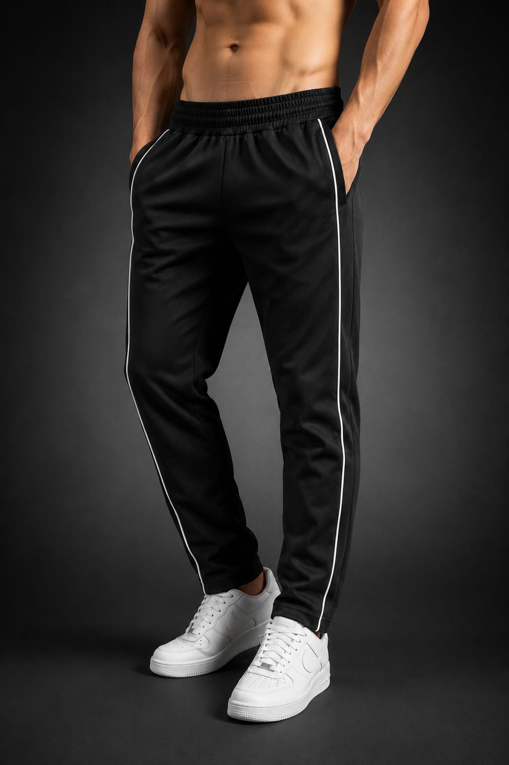 Men's Black Slim Fit Track Pants with White Side Piping