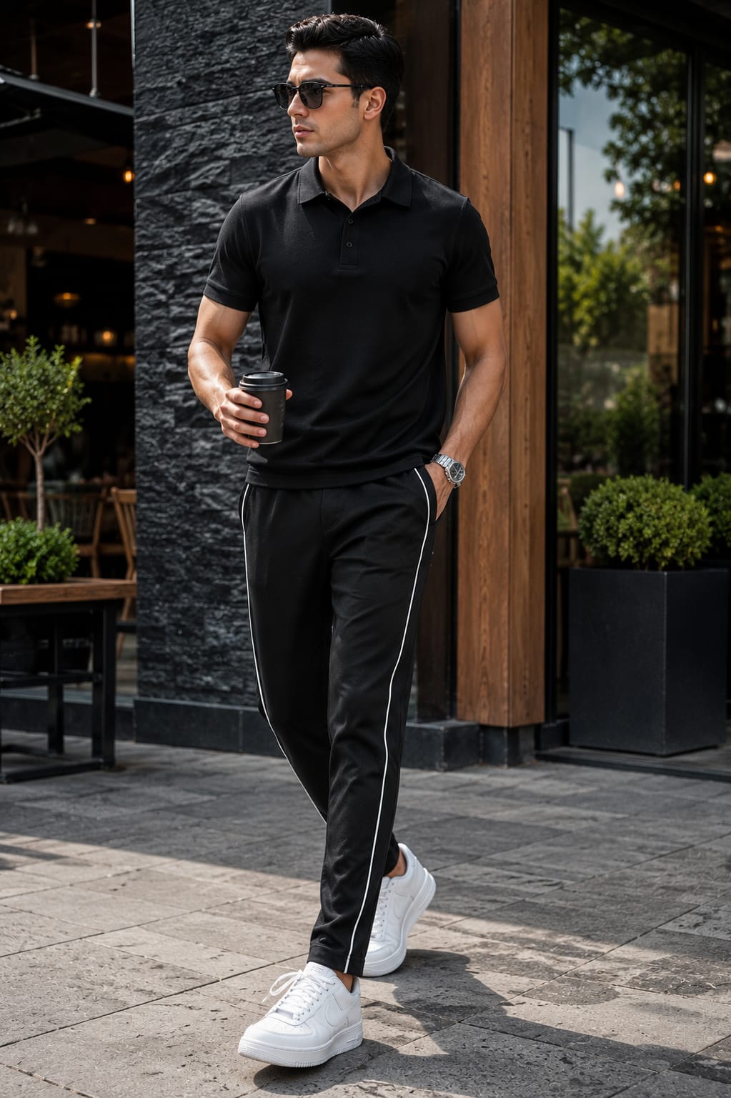 Men's Black Slim Fit Track Pants with White Side Piping