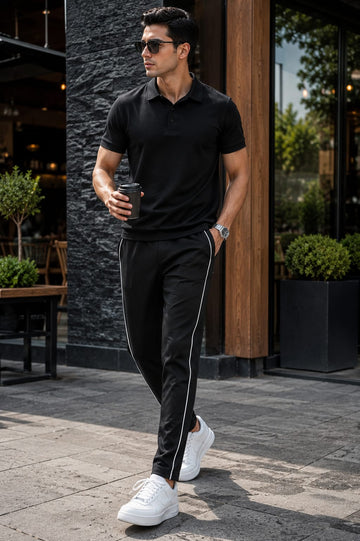 Men's Black Slim Fit Track Pants with White Side Piping