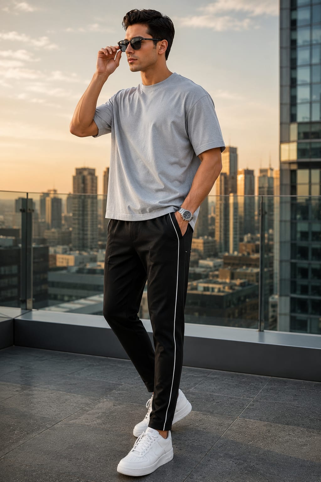 Men's Black Slim Fit Track Pants with White Side Piping