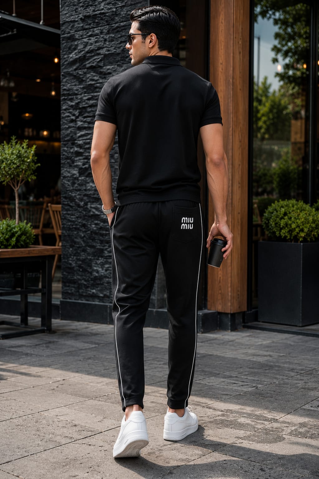 Men's Black Slim Fit Track Pants with White Side Piping