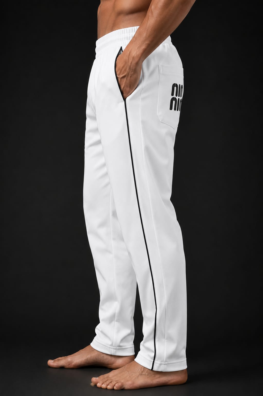 Men's White Slim Fit Track Pants with Black Side Piping