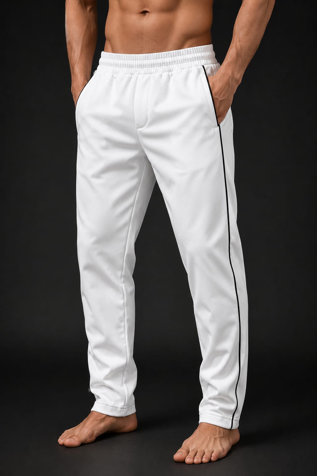 Men's White Slim Fit Track Pants with Black Side Piping