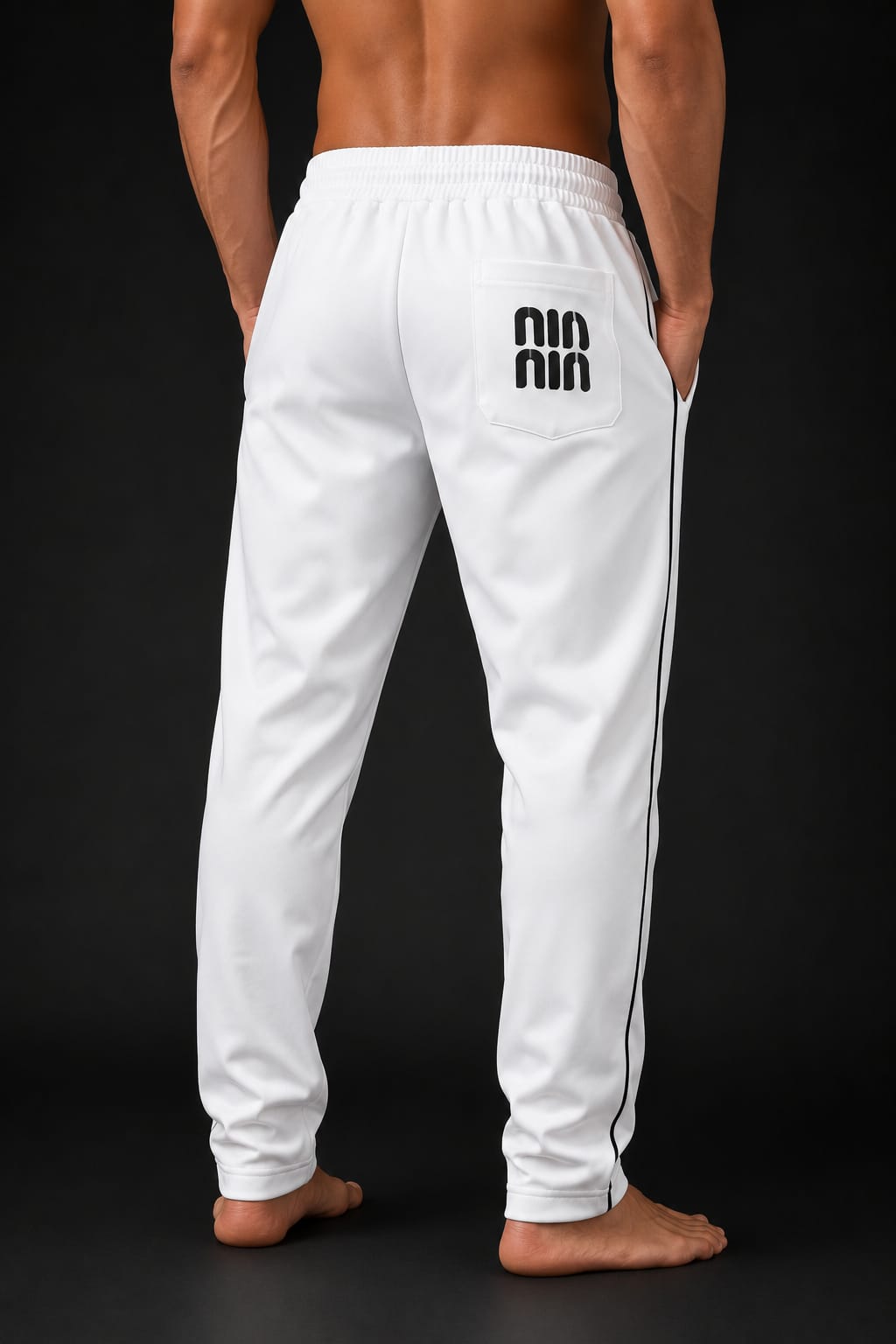 Men's White Slim Fit Track Pants with Black Side Piping