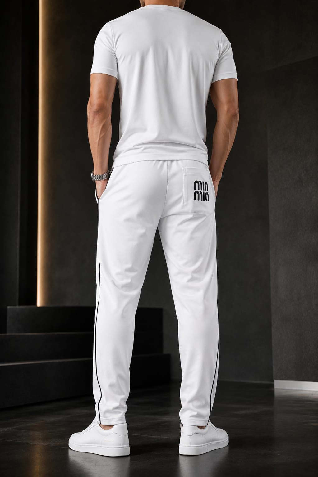 Men's White Slim Fit Track Pants with Black Side Piping