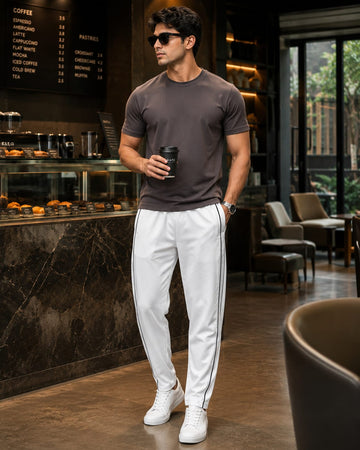 Men's White Slim Fit Track Pants with Black Side Piping