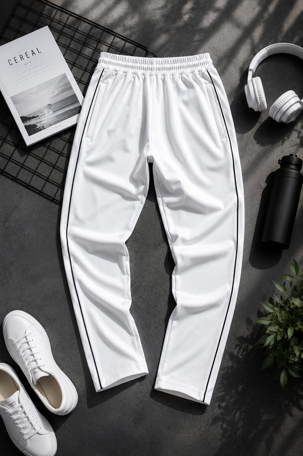 Men's White Slim Fit Track Pants with Black Side Piping